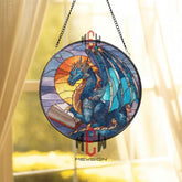 Blue Dragon Stained Glass Suncatcher, Round Fantasy Window Panel with Book and Sunset, Mythical Creature Glass Art Home Decor