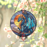 Blue Dragon Stained Glass Suncatcher, Round Fantasy Window Panel with Book and Sunset, Mythical Creature Glass Art Home Decor
