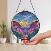 Purple Bat Stained Glass Suncatcher, Round Mountain Night Sky Window Panel, Gothic Wildlife Glass Art for Halloween and Nature Decor