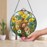Bear and Cub Stained Glass Suncatcher, Round Floral Window Panel with Yellow and White Wildflowers, Wildlife Nature Glass Art Decor