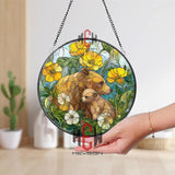 Bear and Cub Stained Glass Suncatcher, Round Floral Window Panel with Yellow and White Wildflowers, Wildlife Nature Glass Art Decor