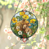 Bear and Cub Stained Glass Suncatcher, Round Floral Window Panel with Yellow and White Wildflowers, Wildlife Nature Glass Art Decor