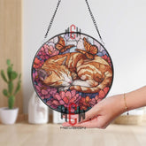Sleeping Orange Cat Stained Glass Suncatcher, Round Floral Window Panel with Butterflies, Cute Pet Lover Glass Art Home Decor