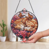 Sleeping Orange Cat Stained Glass Suncatcher, Round Floral Window Panel with Butterflies, Cute Pet Lover Glass Art Home Decor