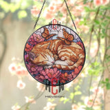 Sleeping Orange Cat Stained Glass Suncatcher, Round Floral Window Panel with Butterflies, Cute Pet Lover Glass Art Home Decor