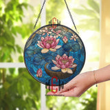 Lotus Flowers and Lily Pads Stained Glass Suncatcher, Round Blue Water Window Panel, Nature Zen Glass Art Decor for Tranquil Home Spaces
