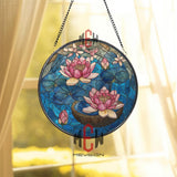 Lotus Flowers and Lily Pads Stained Glass Suncatcher, Round Blue Water Window Panel, Nature Zen Glass Art Decor for Tranquil Home Spaces