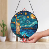 Statue of Liberty Starry Night Stained Glass Suncatcher, Round NYC Skyline Window Panel, Travel Cityscape Glass Art Decor for Home Lovers