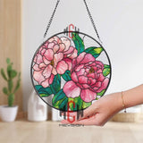 Pink Peonies Stained Glass Suncatcher, Round Floral Window Panel with Green Leaves, Garden Nature Glass Art Decor for Flower Lovers