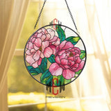 Pink Peonies Stained Glass Suncatcher, Round Floral Window Panel with Green Leaves, Garden Nature Glass Art Decor for Flower Lovers