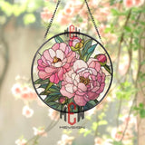 Pink Peonies Stained Glass Suncatcher, Round Floral Window Panel with Green Leaves, Garden Nature Glass Art Decor for Flower Lovers