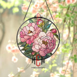 Pink Peonies Stained Glass Suncatcher, Round Floral Window Panel with Green Leaves, Garden Nature Glass Art Decor for Flower Lovers