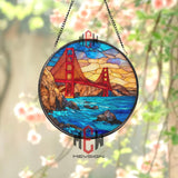 Golden Gate Bridge Stained Glass Suncatcher, Round San Francisco Landmark Window Panel, Travel Cityscape Glass Art Decor for Home Lovers