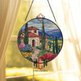 Tuscan Villa Stained Glass Suncatcher, Round Italian Countryside Window Panel, Mediterranean Landscape Glass Art Decor for Travel Lovers