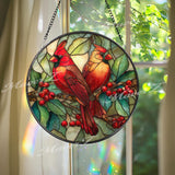 Cardinal Suncatcher: Red Birds on Branch, Faux Stained Glass Window Decor