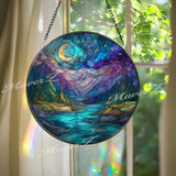 Moonlit Mountain River Suncatcher: Night Sky Pine Forest Glass Window Panel