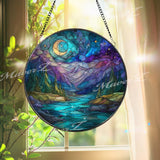Moonlit Mountain River Suncatcher: Night Sky Pine Forest Glass Window Panel