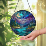 Moonlit Mountain River Suncatcher: Night Sky Pine Forest Glass Window Panel