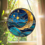 Crescent Moon & Waves Stained Glass Suncatcher: Celestial Ocean Window Decor