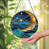 Crescent Moon & Waves Stained Glass Suncatcher: Celestial Ocean Window Decor