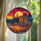 Cabin at Sunset Stained Glass Suncatcher: Lakeside Log Home Decor