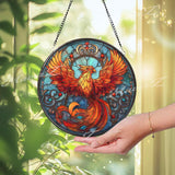 Phoenix Stained Glass Suncatcher, Round Fiery Bird Window Panel, Mythical Firebird Sun Catcher, Spiritual Rising From Ashes Home Decor Gift