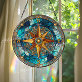 Compass Rose Stained Glass Suncatcher, Round Nautical Window Panel, Ocean Blue Windrose Glass Art, Coastal Home Decor Gift