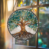 Tree of Life Stained Glass Suncatcher, Round Window Panel with Roots and Branches, Nature Spiritual Home Decor, Symbolic Glass Gift