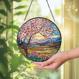 Cherry Blossom Stained Glass Suncatcher, Round Spring Landscape Window Panel with Mountains and Flowers, Nature Home Decor Gift