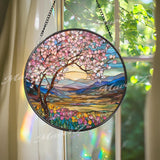 Cherry Blossom Stained Glass Suncatcher, Round Spring Landscape Window Panel with Mountains and Flowers, Nature Home Decor Gift