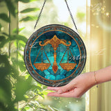 Libra Zodiac Stained Glass Suncatcher, Round Balance Scale Window Panel with Blue Starry Background, Astrology Home Decor Gift