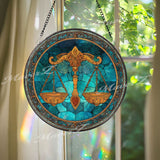 Libra Zodiac Stained Glass Suncatcher, Round Balance Scale Window Panel with Blue Starry Background, Astrology Home Decor Gift