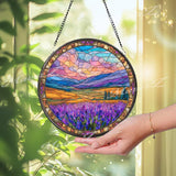 Lavender Field Stained Glass Suncatcher, Round Sunset Mountain Landscape Window Panel, Nature Scenic Home Decor Gift