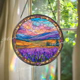 Lavender Field Stained Glass Suncatcher, Round Sunset Mountain Landscape Window Panel, Nature Scenic Home Decor Gift