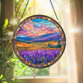 Lavender Field Stained Glass Suncatcher, Round Sunset Mountain Landscape Window Panel, Nature Scenic Home Decor Gift
