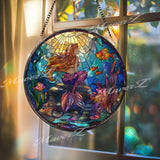 Mermaid Stained Glass Suncatcher, Round Ocean Underwater Fantasy Window Panel with Coral Reef and Fish, Nautical Home Decor