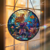 Mermaid Stained Glass Suncatcher, Round Ocean Underwater Fantasy Window Panel with Coral Reef and Fish, Nautical Home Decor
