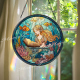 Mermaid Reading Stained Glass Suncatcher, Round Underwater Fantasy Window Panel with Coral Reef and Fish, Nautical Ocean Decor