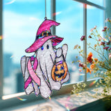 Ghost Acrylic Suncatcher with Pink Ribbon and Witch Hat, Halloween Breast Cancer Awareness Window Hanging, Pumpkin Jack Decor Gift