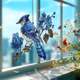 Blue Jay Acrylic Suncatcher with Blue Flowers, Colorful Bird Window Hanging, Nature Inspired Acrylic Window Decor Gift for Bird Lovers
