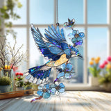Flying Blue Jay Acrylic Suncatcher with Blue Flowers, Bird Window Hanging Decor, Nature Inspired Acrylic Home Ornament Gift for Bird Lovers