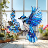 Blue Jay Acrylic Suncatcher with Blue Flowers, Bird Window Hanging Lightweight Acrylic Decor, Nature Inspired Ornament Gift for Bird Lovers