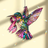 Hummingbird Acrylic Suncatcher with Pink Ribbon, Colorful Acrylic Stained Glass Style Window Hanging, Breast Cancer Awareness Gift