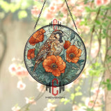 Sparrow Stained Glass Suncatcher, Round Brown Bird with Orange Poppies Window Panel, Nature Inspired Floral Garden Lover Home Decor Gift