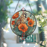 Sparrow Stained Glass Suncatcher, Round Brown Bird with Orange Poppies Window Panel, Nature Inspired Floral Garden Lover Home Decor Gift