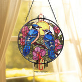 Blue Jay Stained Glass Suncatcher, Round Pair of Birds with Pink Flowers and Sun Window Panel, Nature Garden Lover Home Decor Gift