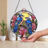 Blue Jay Stained Glass Suncatcher, Round Pair of Birds with Pink Flowers and Sun Window Panel, Nature Garden Lover Home Decor Gift