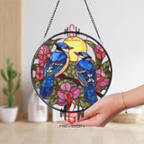 Blue Jay Stained Glass Suncatcher, Round Pair of Birds with Pink Flowers and Sun Window Panel, Nature Garden Lover Home Decor Gift