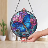 Butterfly Stained Glass Suncatcher, Round Blue Butterfly with Pink and Purple Flowers Window Panel, Nature Garden Lover Home Decor Gift