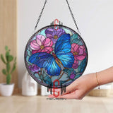 Butterfly Stained Glass Suncatcher, Round Blue Butterfly with Pink and Purple Flowers Window Panel, Nature Garden Lover Home Decor Gift